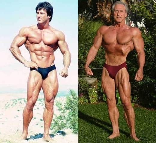 À gauche, Frank Zane torse nu lorsqu'il était âgé d'une trentaine d'années. À droite, Frank Zane toujours torse nu, mais beaucoup plus âgé.