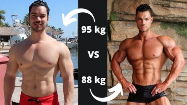 Deux photos du coach sportif Julien Quaglierini montrant son évolution après une sèche en musculation. À gauche, il pèse 95 kilos. Il ne pèse plus que 88 kilos sur la photo de droite.