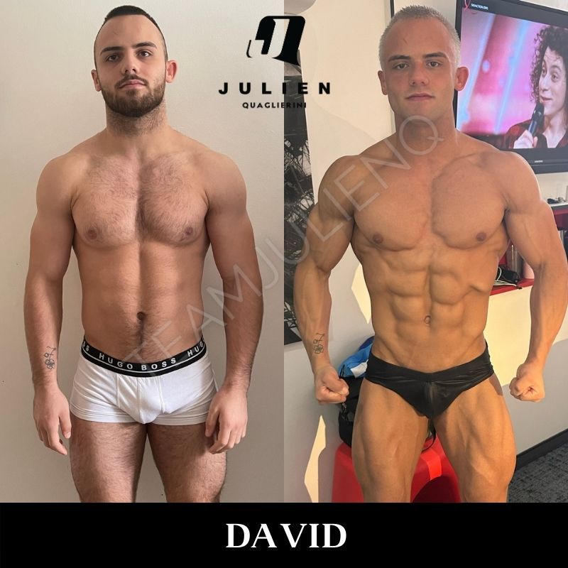 Transformation avant après de David, élève de Julien Quaglierini, vainqueur du top de Colmar en compétition de bodybuilding