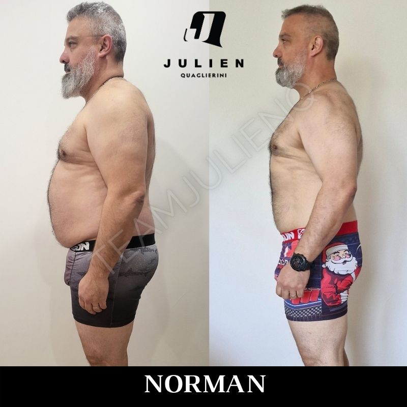 Des photos des transformations physiques de deux élèves du coach sportif Julien Quaglierini, qui ont perdu du poids. Norman 47 ans