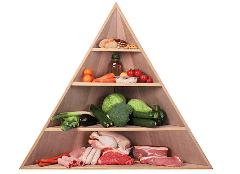 La pyramide nutritionnelle, indispensable pour mettre en place un rééquilibrage alimentaire, avec de la viande, des fruits et des légumes.