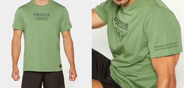 Le t-shirt de musculation Prozis Army porté par un athlète.