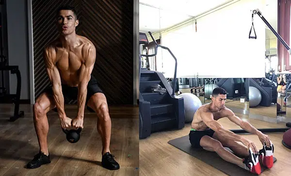 Cristiano Ronaldo fait des exercices de musculation et de stretching à la salle de sport.