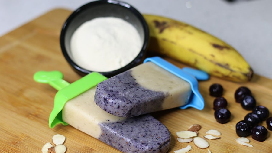 2 protein popsicle sticks with whey protein, almonds and a banana.