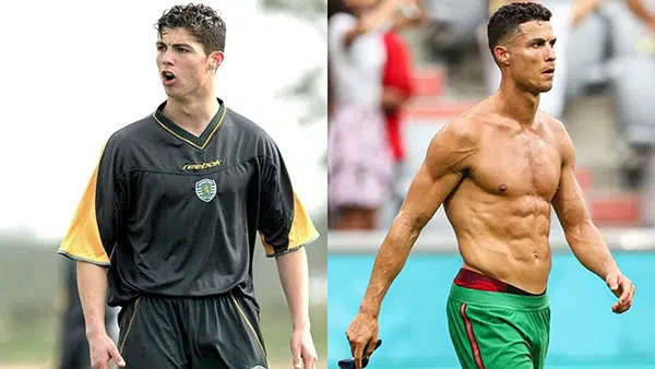 À gauche, Cristiano Ronaldo à 17 ans lors de son passage au Sporting Lisbonne. À droite, CR7 torse nu plusieurs années plus tard.