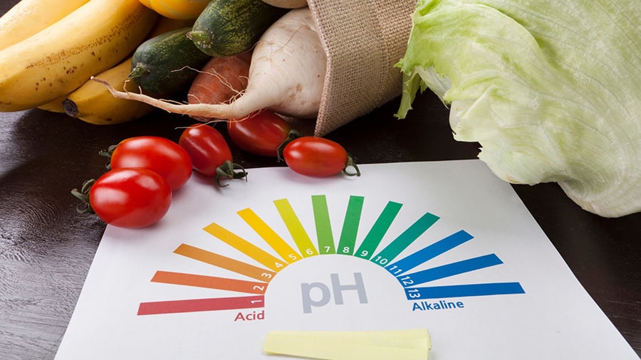 Un test de pH avec les différents niveaux d'acidité et d'alcalinité, ainsi que plusieurs fruits et légumes (bananes, tomates, salade, etc.).
