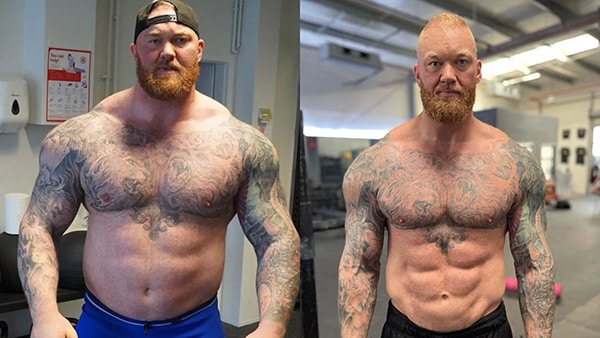 On the left, Thor Bjornsson when he weighed over 200 kilos. On the right, after losing more than 50 kg.