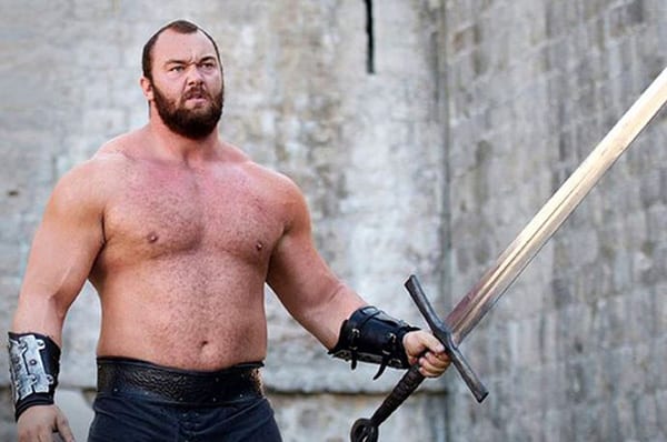 Thor Bjornsson, shirtless and with a sword in his hand, during an episode of the series Game of Thrones.