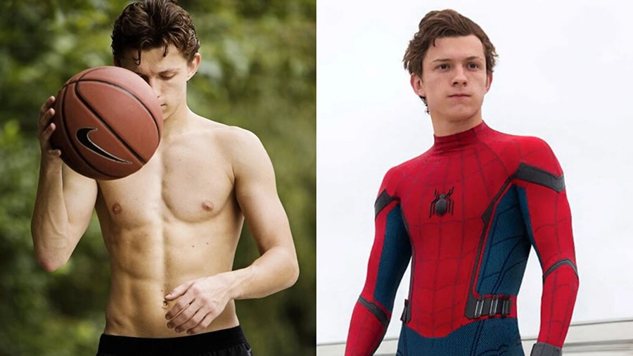 À gauche, l'acteur Tom Holland torse nu avec un ballon de basket. À droite, dans le rôle de Spider-Man au cinéma.