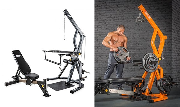 À gauche, la photo d'une station de musculation. À droite, un athlète en train d'ajouter des poids sur cette même machine.
