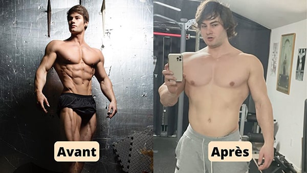 À gauche, Jeff Seid avant sa prise de masse musculaire. À droite, l'athlète et ses 18 kilos supplémentaires après son dirty bulk.