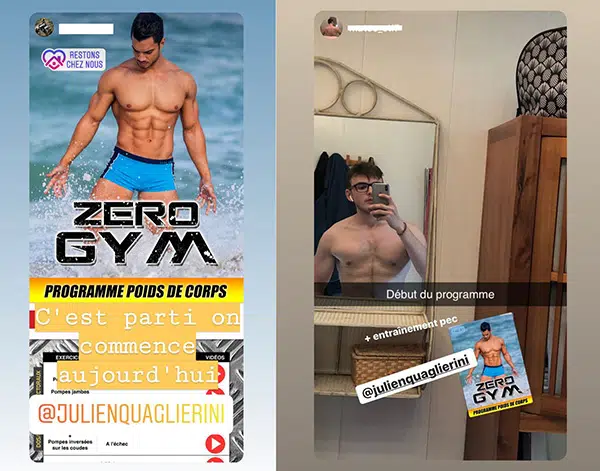 Des publications Instagram d'élèves ayant choisi de suivre le programme de musculation au poids du corps Zero Gym de Julien Quaglierini.