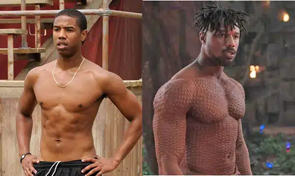 À gauche, Michael B. Jordan torse nu lorsqu'il avait une vingtaine d années. À droite, une photo issue de Black Panther, où l'on voit son impressionnante transformation physique.