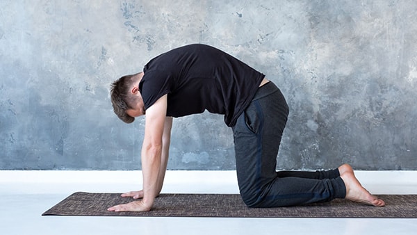 Un homme à quatre pattes sur un tapis de yoga fait l'exercice d'étirement du dos creux, dos rond.