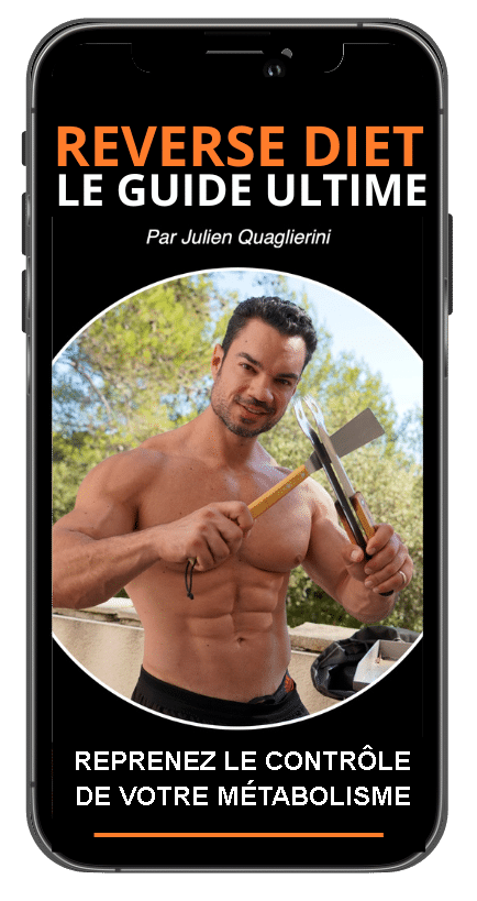 The visual of the program "Reverse diet: the ultimate guide" of the sports coach Julien Quaglierini in a smartphone screen.