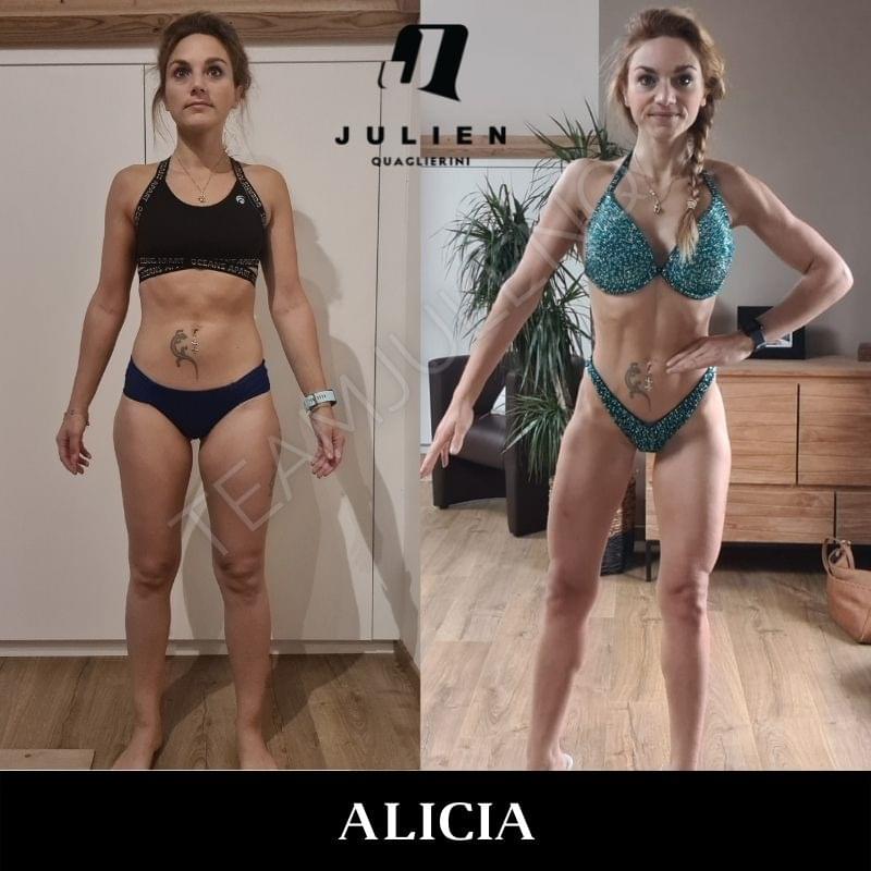 Transformation avant après d'Alicia, élève de Julien Quaglierini, préparée en alimentation vegan pour la compétition Bikini