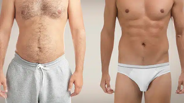 À gauche, un homme torse nu avec un pourcentage de masse graisseuse élevé, notamment au niveau du ventre. À droite, un autre homme torse nu avec peu de masse grasse et les abdominaux visibles.