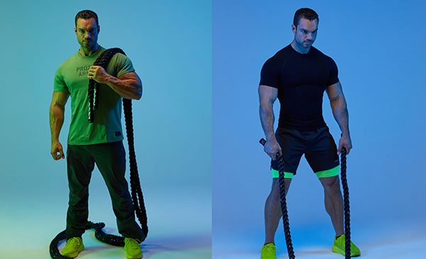 Deux photos du coach sportif Julien Quaglierini en train de manipuler une corde ondulatoire de la marque Prozis.