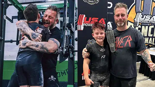 Deux photos représentant le jeune powerlifter Rowan O’Malley avec son père Ben.