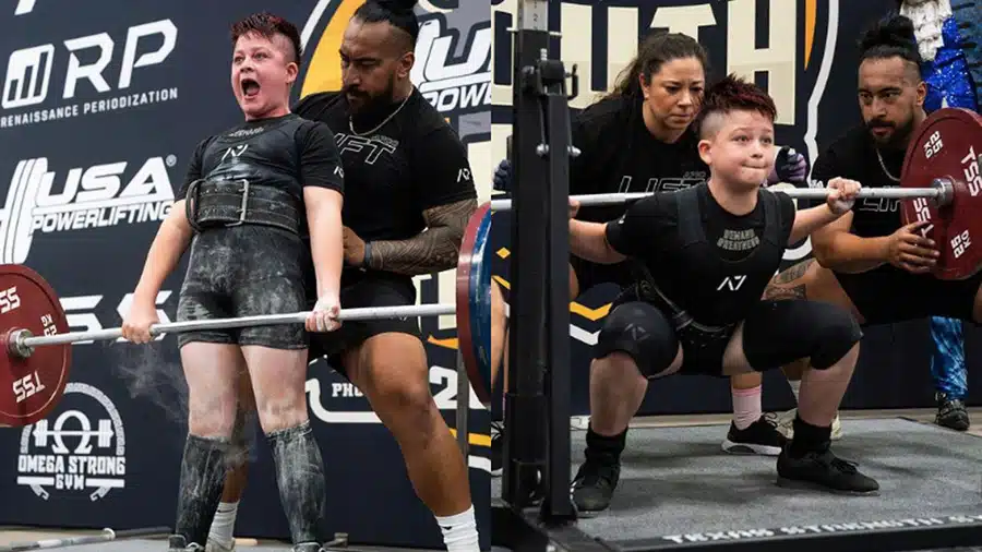 Deux photos montrant Rowan O’Malley lors de sa participation à une compétition d'haltérophilie pour enfants, en train de faire du deadlift et du squat.
