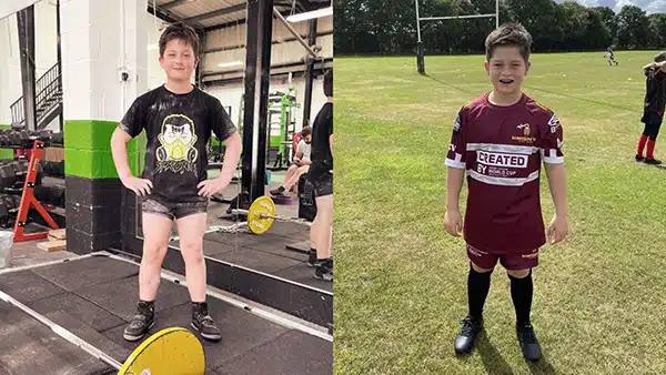 À gauche, une photo de Rowan O’Malley dans une salle de musculation. À droite, toujours Rowan O’Malley en tenue de rugby sur un terrain de sport.