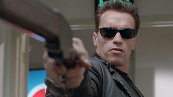 Arnold Schwarzenegger in his famous Terminator role.