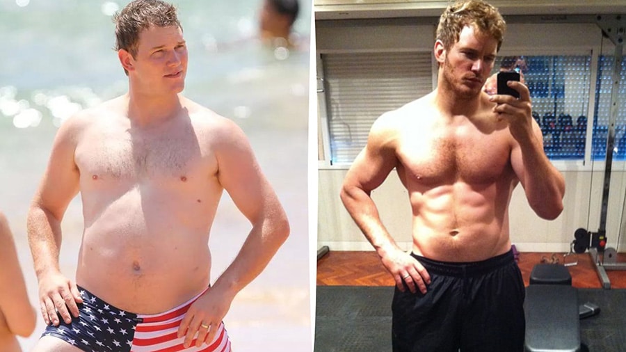 À gauche, Chris Pratt torse nu lorsqu'il était en situation de surpoids. À droite, toujours l'acteur américain torse nu et musclé après avoir perdu plusieurs dizaines de kilos.