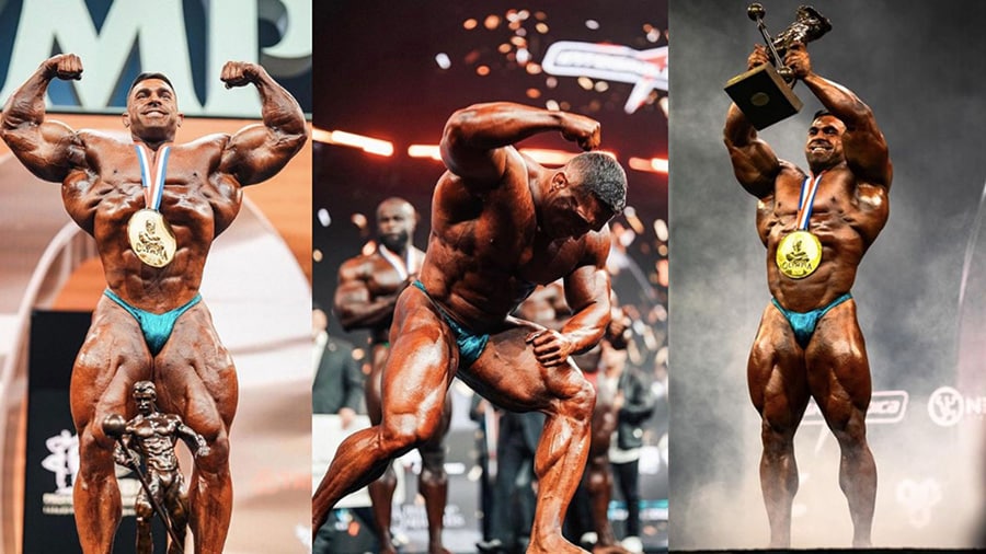 3 photos of bodybuilder Derek Lunsford after his victory at the Mr Olympia 2023 in Orlando.