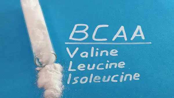 Un tube de poudre sur un fond bleu, à côté duquel il est écrit le nom des 3 BCAA : la valine, la leucine et l'isoleucine.