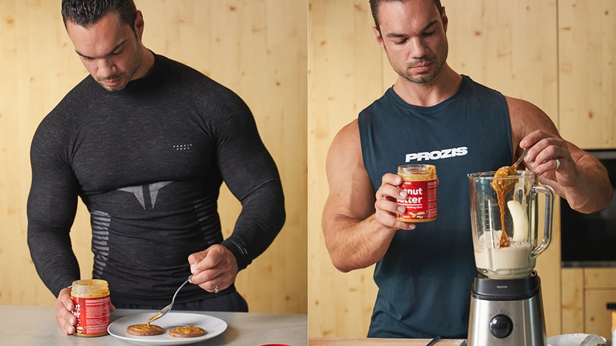 Two photos of sports coach Julien Quaglierini preparing recipes with peanut butter for bodybuilding.