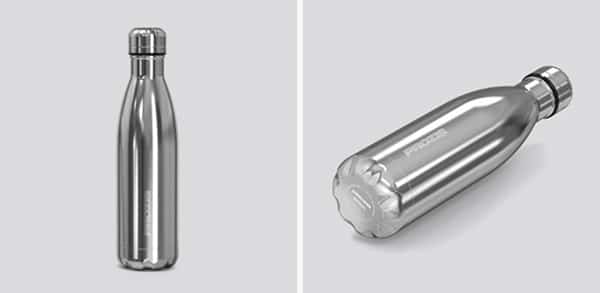 Two photos of a Prozis sports bottle, gray in color and made of stainless steel.