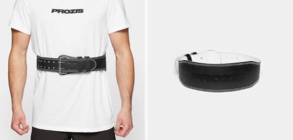 Two photos of the leather body-building belt offered by the Prozis brand.