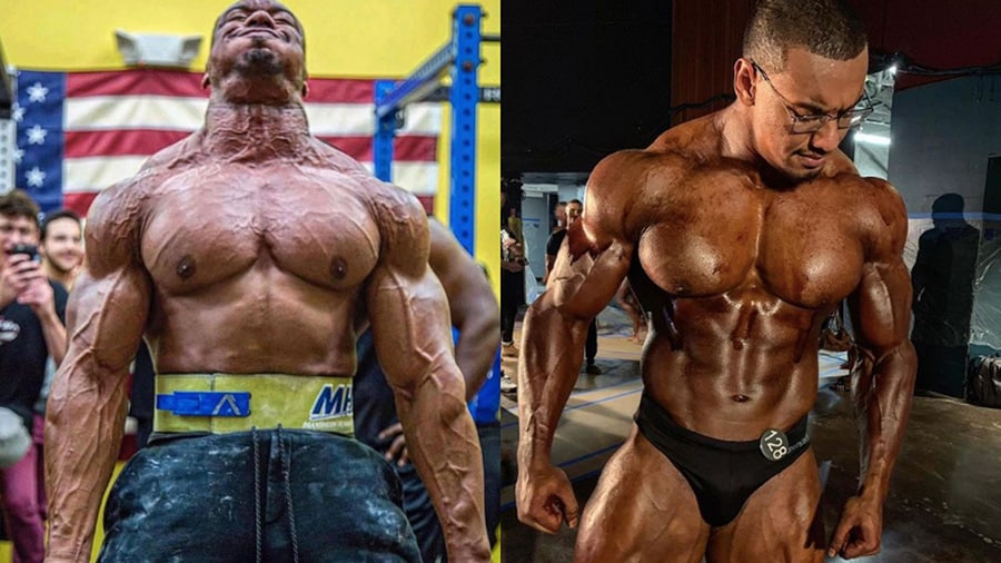 Deux photos de l'athlète Larry Wheels torse nu, muscles saillants. Une lors d'une compétition de powerlifting, l'autre avant un concours de culturisme.