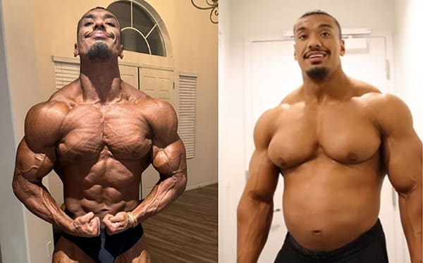 Deux photos de Larry Wheels, l'une juste avant le Mr Olympia 2023, l'autre juste après avec près de 25 kilos en plus.
