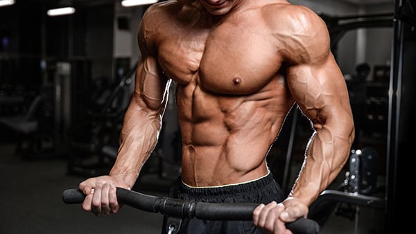 Un homme torse nu, muscles saillants et apparents, fait un exercice de musculation pour les biceps.