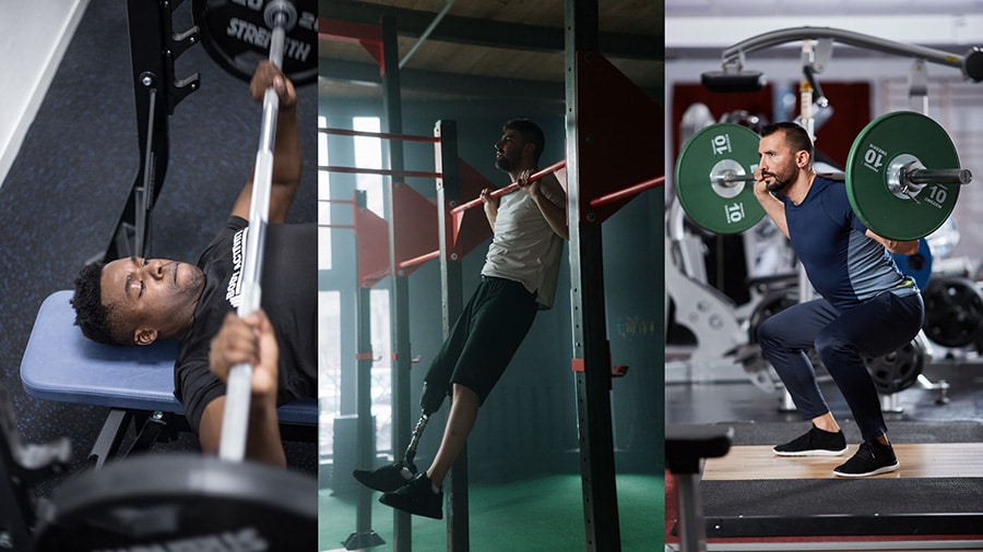 3 photos representing the 3 sessions of a Push Pull Legs program: a man doing a bench press, a man doing a pull-up and a man doing a squat.