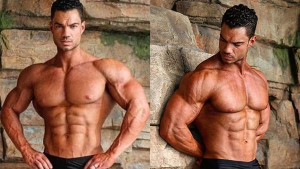 2 photos of sports coach Julien Quaglierini shirtless, muscles protruding and drawn.