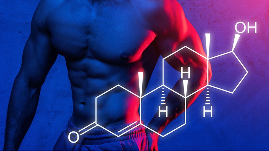 Un homme musclé torse nu, avec devant lui un schéma représentant la formule scientifique de la testostérone.
