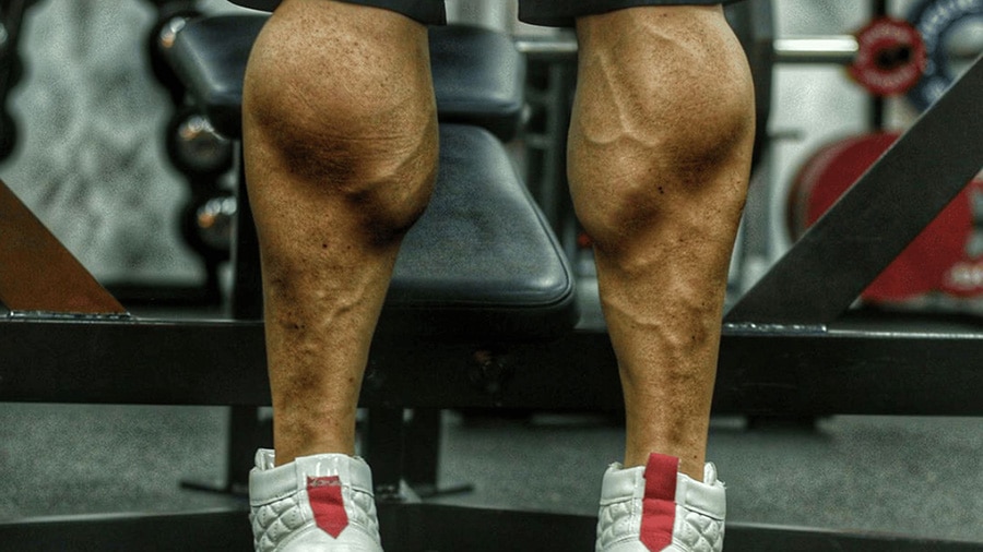 Julien Quaglierini's muscular calves during a weight training exercise.