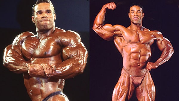Two photos of professional bodybuilder Kevin Levrone, shirtless and posing.