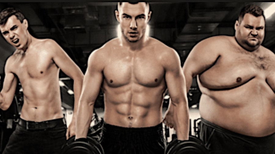 Three shirtless men in a weight room, each with a different morphotype: 1 skinny man on the left, 1 muscular man in the center, 1 overweight man on the right.