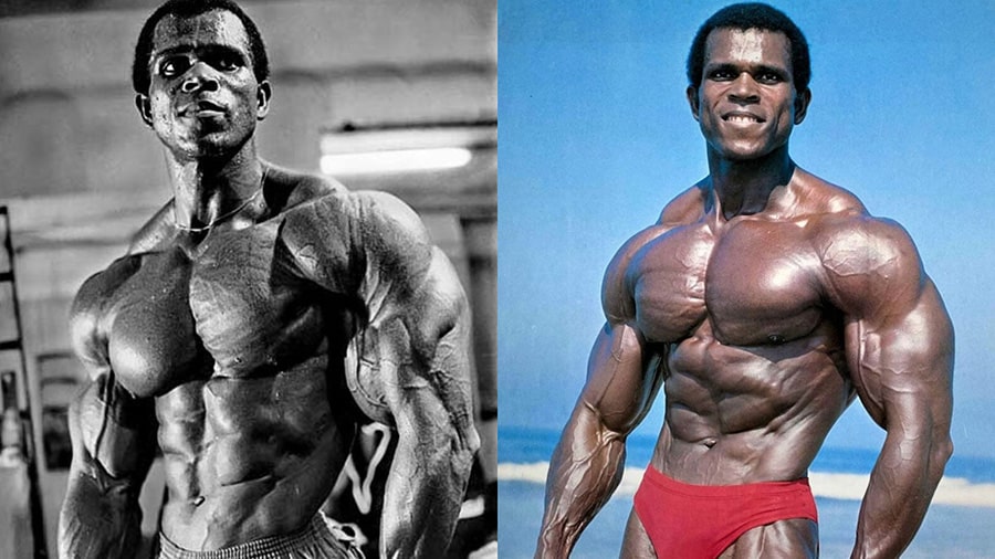 Two photos of shirtless professional bodybuilder Serge Nubret.