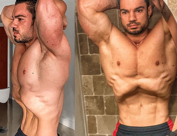Deux photos du coach sportif Julien Quaglierini qui effectue l'exercice du stomach vacuum pour renforcer son muscle transverse.