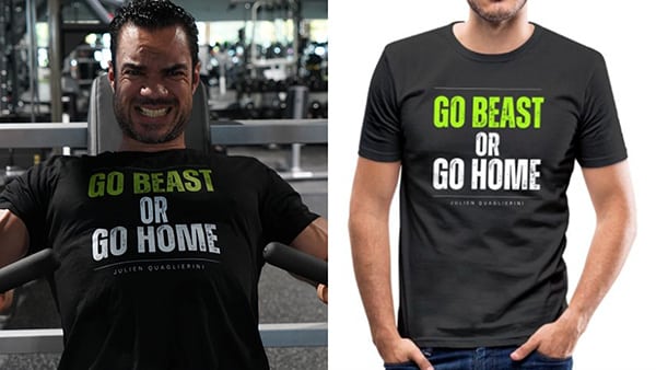 Fitness trainer Julien Quaglierini doing a bodybuilding exercise in a gym, wearing a t-shirt from his fitness clothing collection that reads "Go beast or go home".