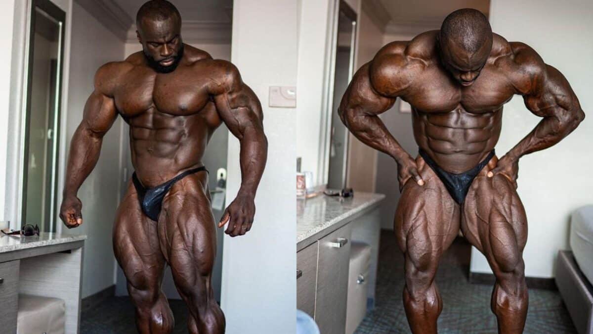 Two photos of shirtless bodybuilder Samson Dauda posing.
