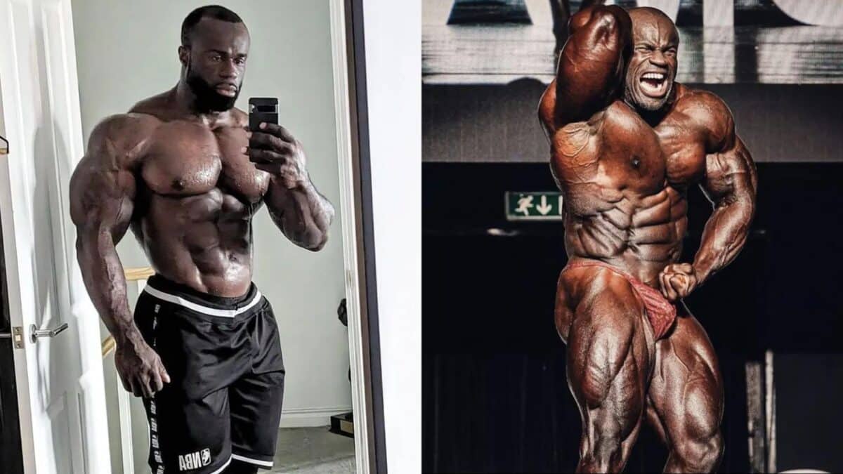 Two photos of bodybuilder Samson Dauda shirtless, abs protruding and muscles showing.