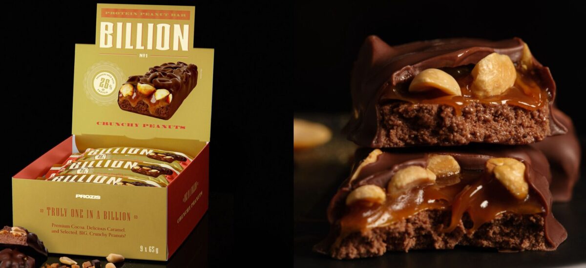 Deux photos des barres protéinées au chocolat Billion de la marque Prozis.