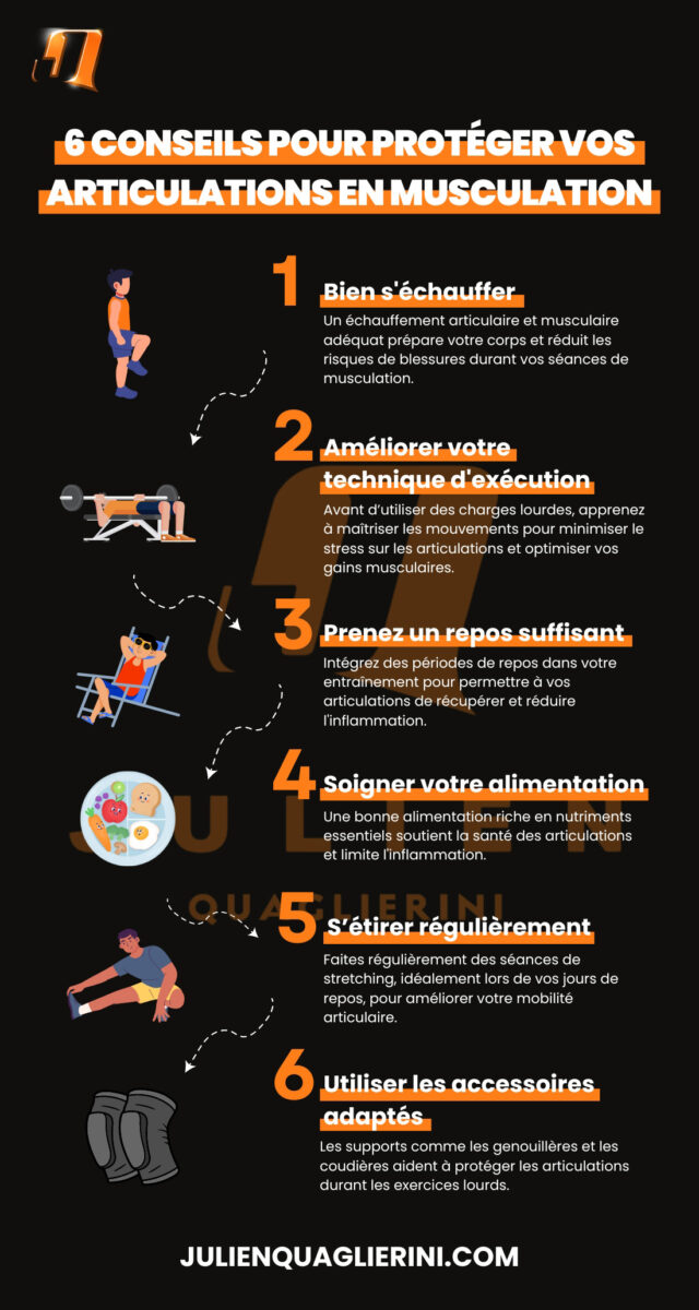 Une infographie présentant 6 conseils pour prévenir et soulager des douleurs articulaires rapidement en musculation.