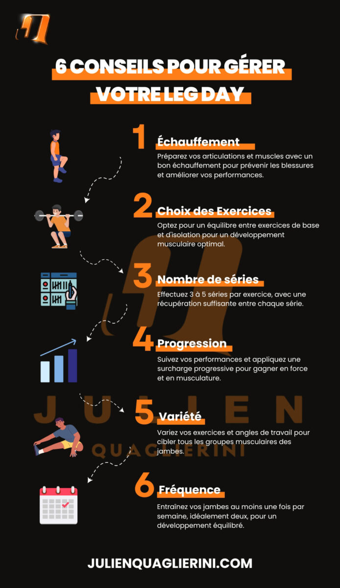 Une infographie présentant 6 éléments essentiels pour faire un leg day et se muscler les jambes efficacement.