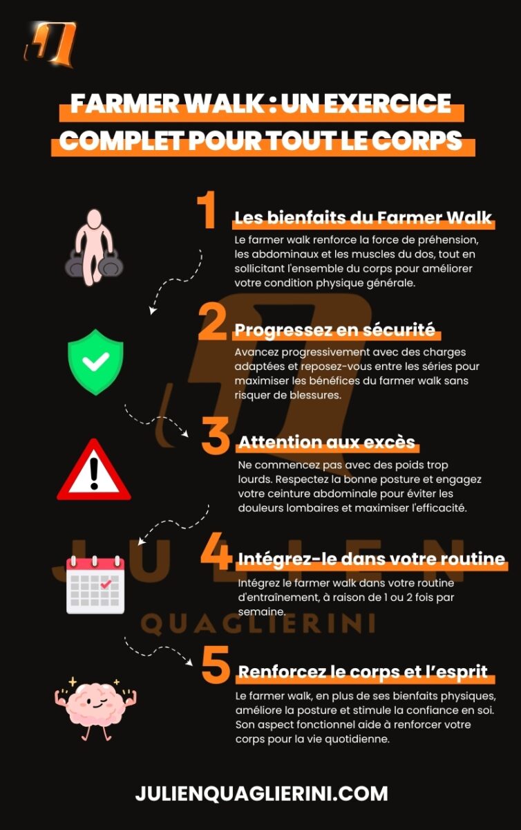 Une infographie présentant 5 points essentiels sur l'exercice du farmer walk en musculation.